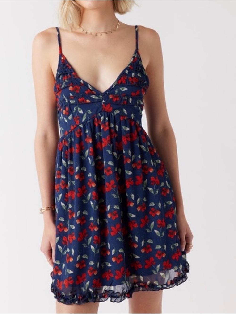 Trixxi for Francesca’s Navy Blue Floral Mini Sundress Red Floral NWT Large